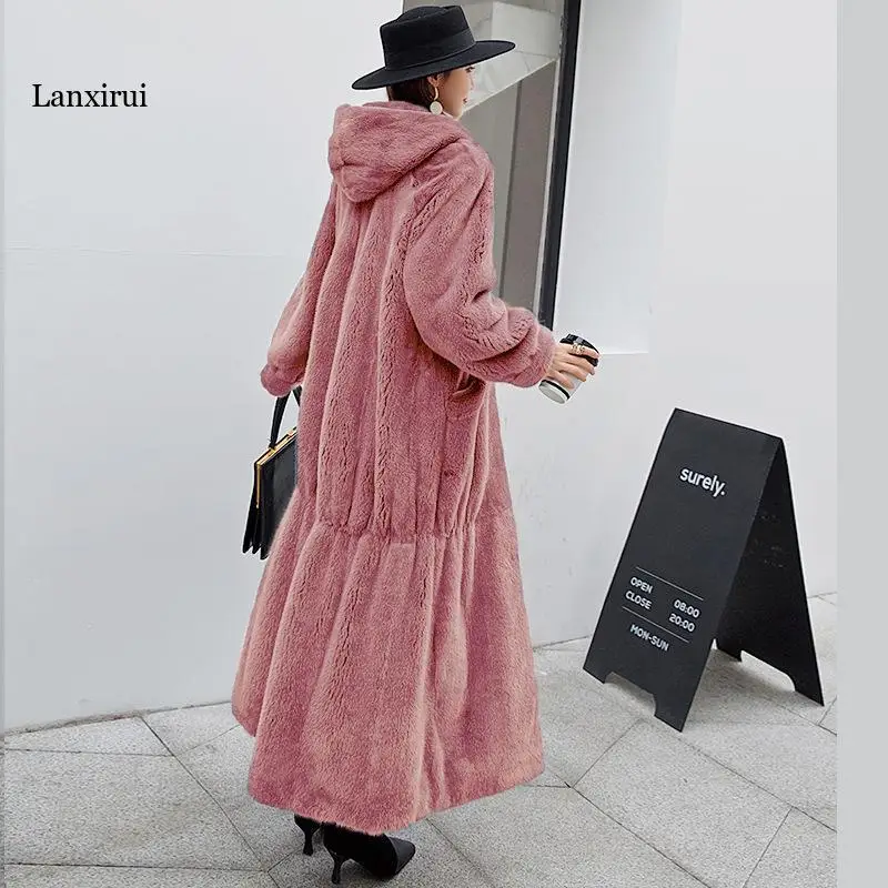 

Autumn Winter Faux Fur Hoodie Coat Women Casual Luxury Long Oversize Loose Hooded Fur Jacket Female Thick Warm Plush Outwear