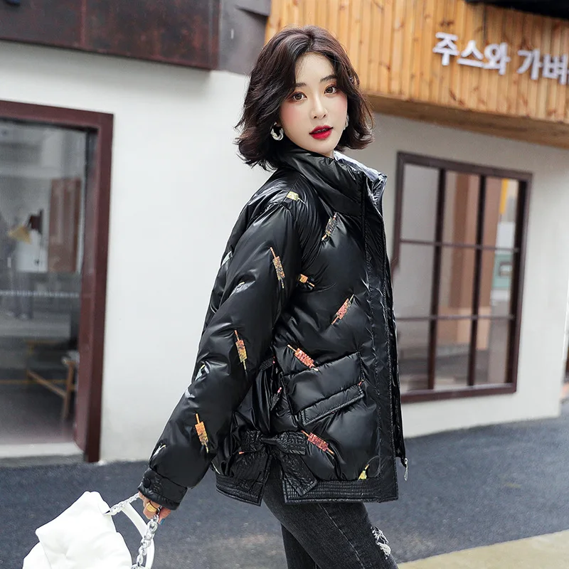 

Sequined Embroidery Winter Cotton Padding Puffer Jackets Women Stand Collar Oversized Coat Parks Casaco Feminino Inverno T181