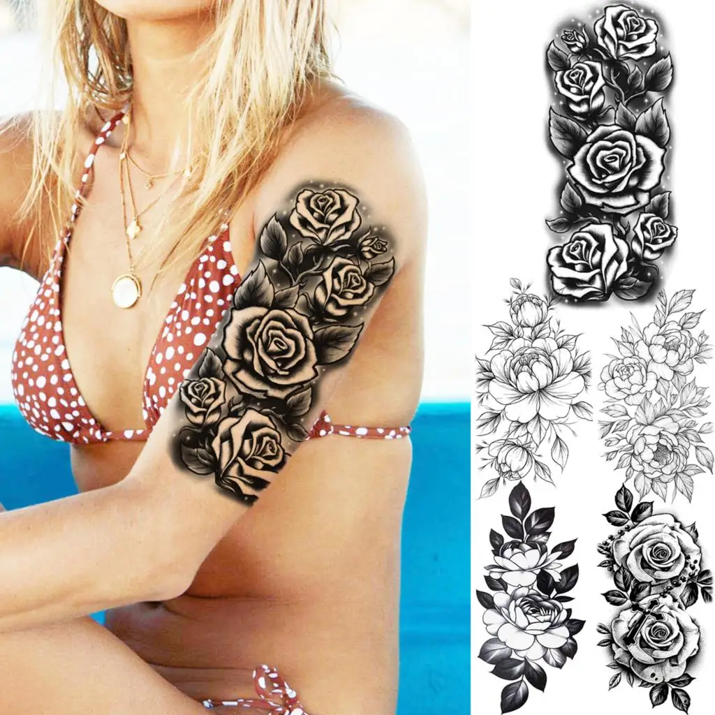 Татуировка Временная на руку для женщин модная Имитация черной розы