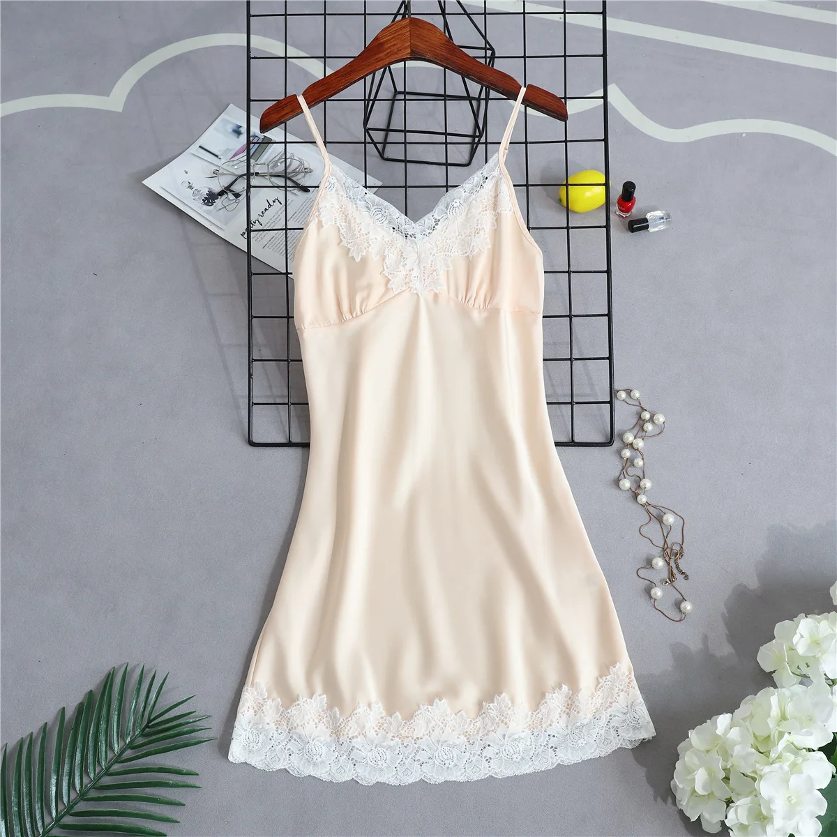Женская ночная рубашка с v образным вырезом Сексуальная кружевная Пижама без