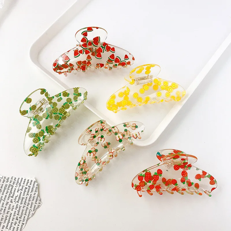 

AOMU INS New Cute Fruit Hair Claw Fashion Hair Accessories Women Transparent Acrylic Orange Watermelon Pattern Hair Clips Gifts