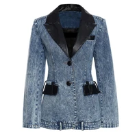 seebeautiful pu stitching denim loose jacket coat lapel single breasted long sleeve pockets new fashion spring 2022 women m439