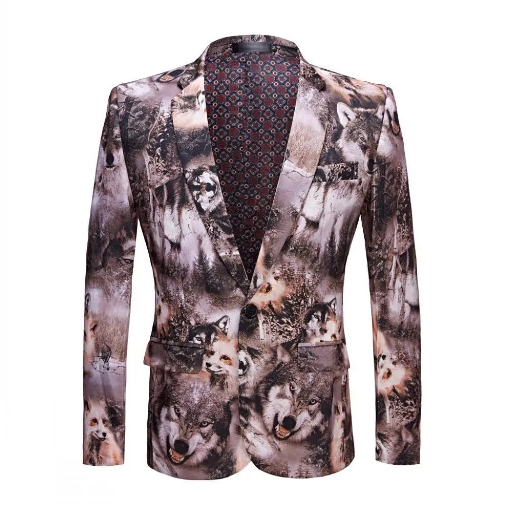 New Tide party Men Casual Blazer Print Wolves Pattern Design DJ Club Singer Costume Slim Fit Suit Jacket Coat