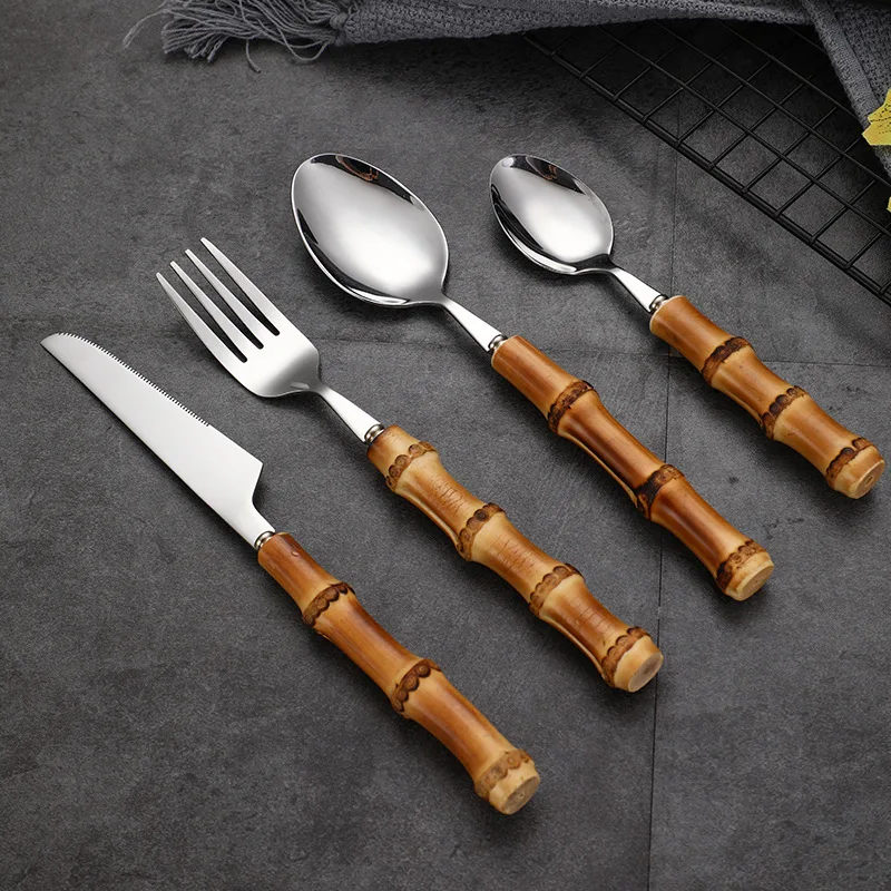 

Stainless Steel Cutlery Tableware Bamboo Handle Knife Forks Spoon Dinnerware Sets Zero Waste Flatware Set Gift Box