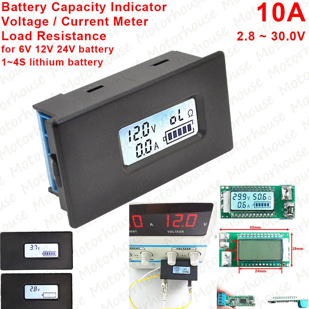 

10A 2.8V-30V Lithium Li-ion Lipo Battery DC Combo Voltage/ Current Meter Battery Capacity Indicator For 6V 12V 24V Battery