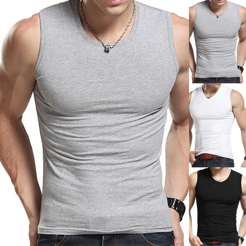 

Men Solid Color Sleeveless Round Neck Vest Slim Fit Fitness Tank Top Undershirt