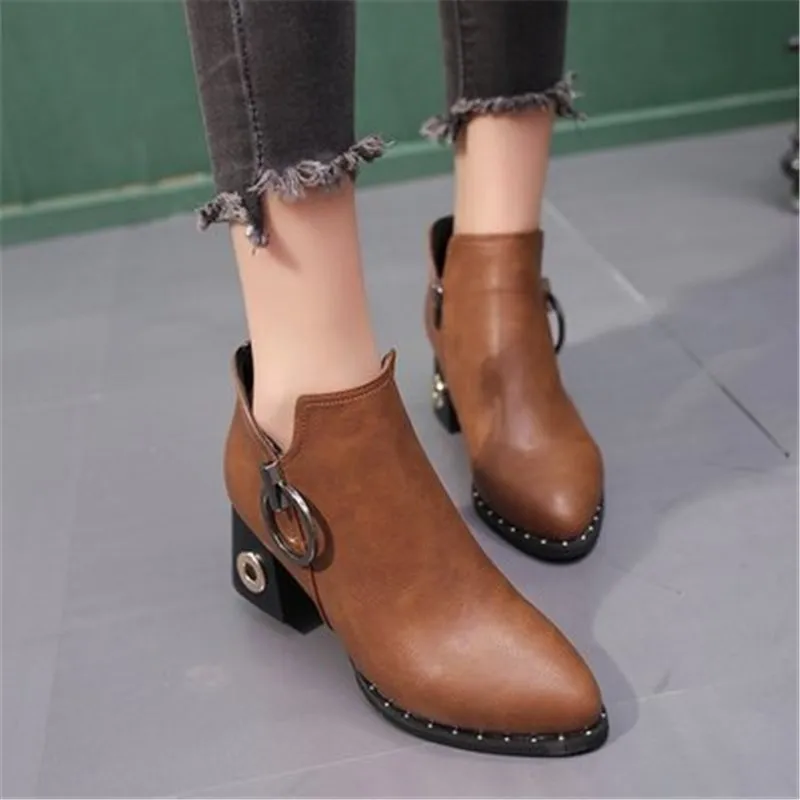 Winter Ankle Boots Women Rivets Platform Block Heel Female Zipper Pointed Toe High Heels Pumps Ladies Fashionable Shoes | Обувь