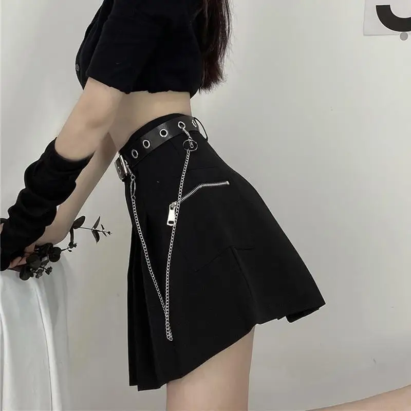 

Black Gothic Skirt With Shorts Underneath Chain Mini Skirts Punk Style Women Sexy Cool High Waist Aline Skirts Belt Zippers Deco