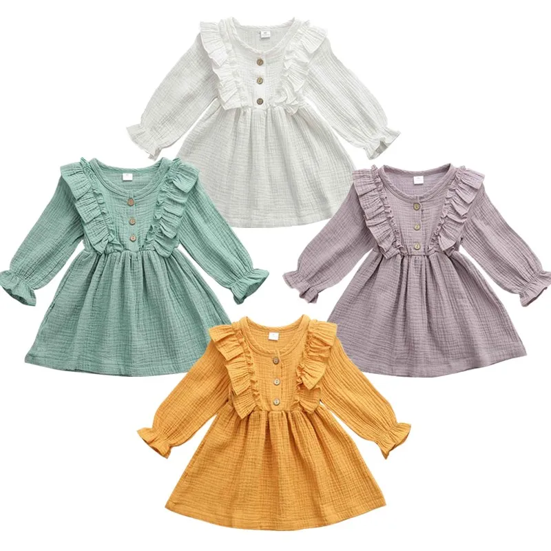 

Toddler Kids Baby Girl Cotton Linen Party Casual Dress Long Sleeve Clothes Solid Sundress 1-6T Baby Spring Autumn Clothing
