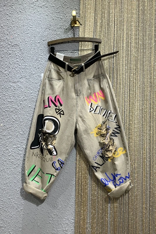

Retro Distressed Color High Waist Long Loose Jeans Female Summer New Letter Print Graffiti Wide Leg Cropped Harem Pants