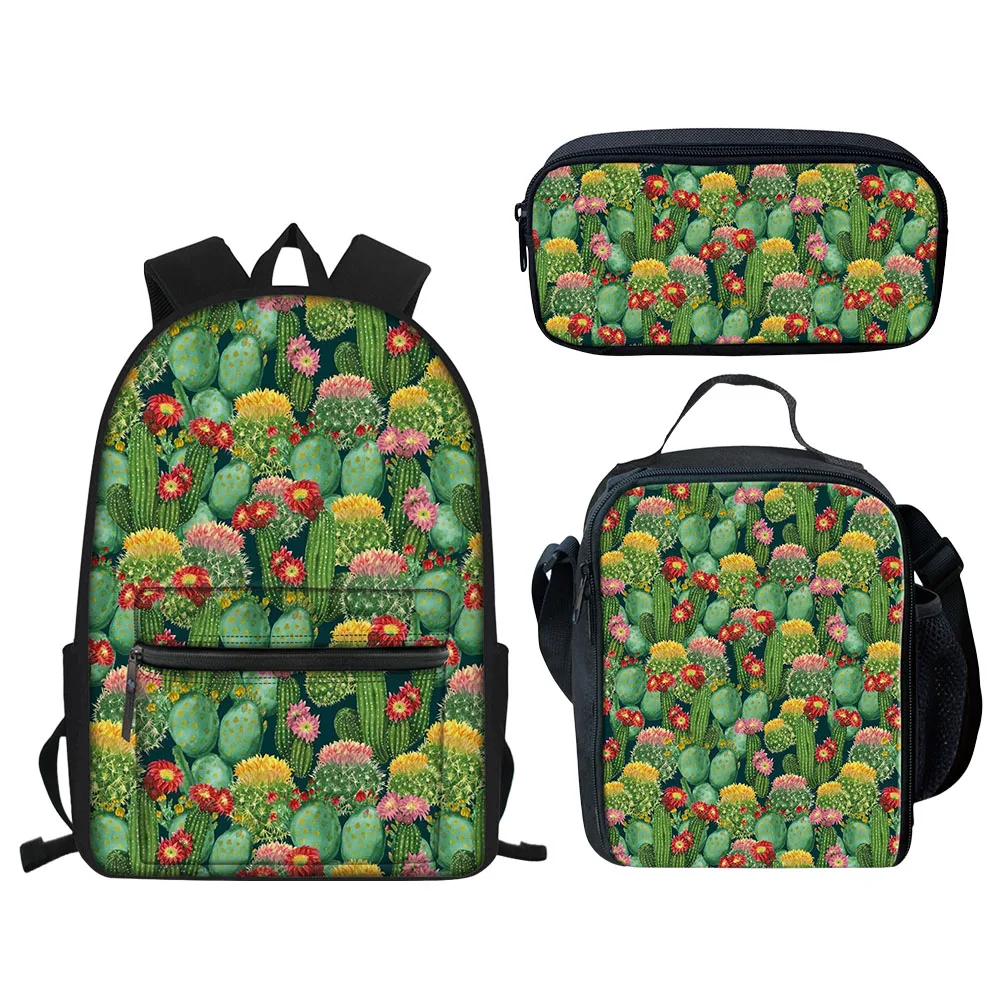 ELVISWORDS Customize School Bags 3 Pcs/set Cactus Flower Printing Backpack For Women Boys Girls Kids Book Bag Student Schoolbag