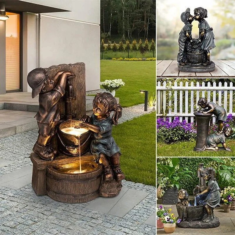 

Boy And Girl Garden Statue Resin Waterfall Water Flow Ornament Outdoor For Home Yard Garden Desktop Sculptures Office Decor