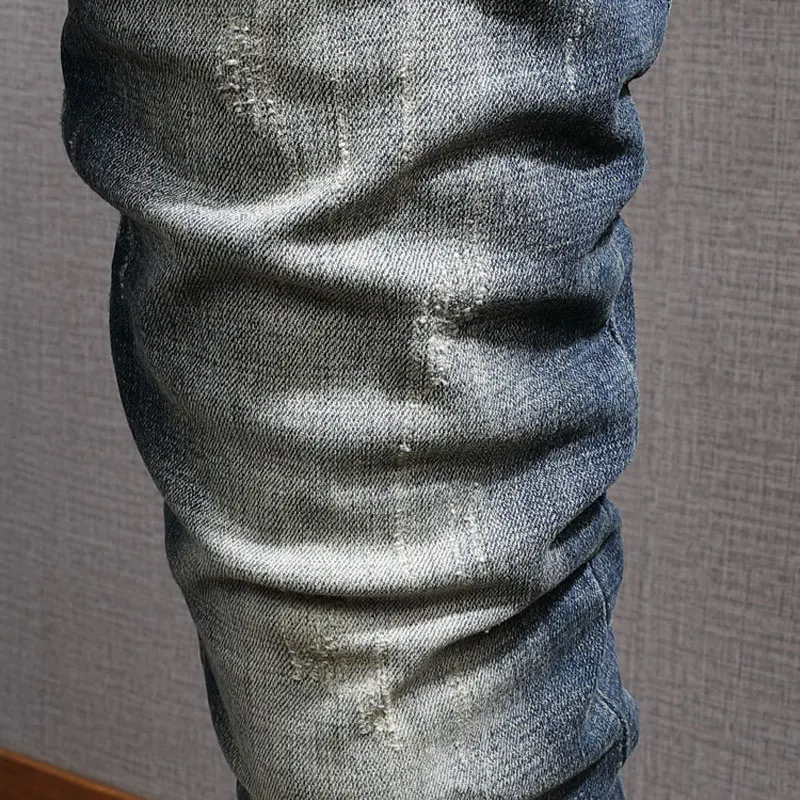 Italian Vintage Fashion Men Jeans Retro Blue Elastic Cotton Slim Fit Ripped Jeans Men Distressed Designer Casual Denim Pants