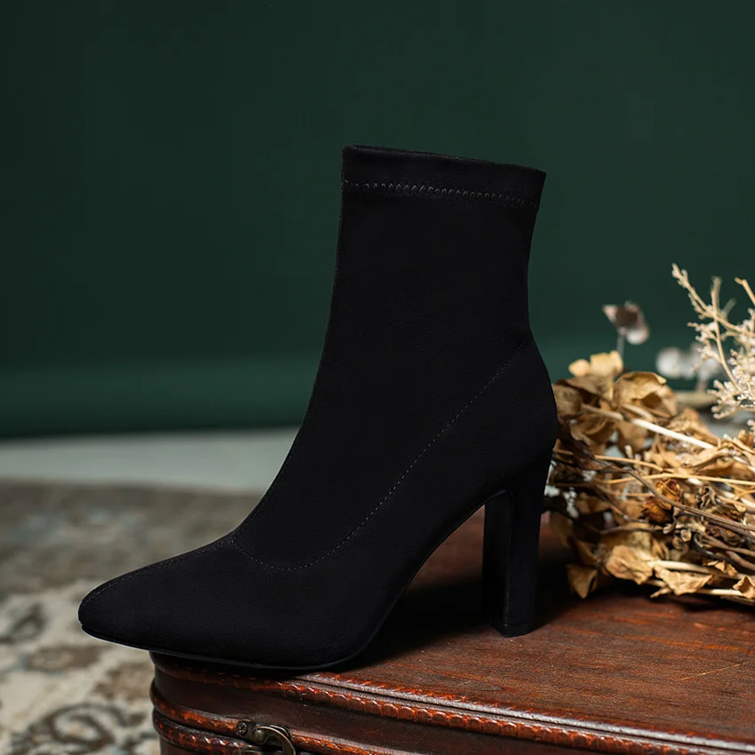 Женские ботильоны без застежки QUTAA черные ботинки из флока на высоком устойчивом