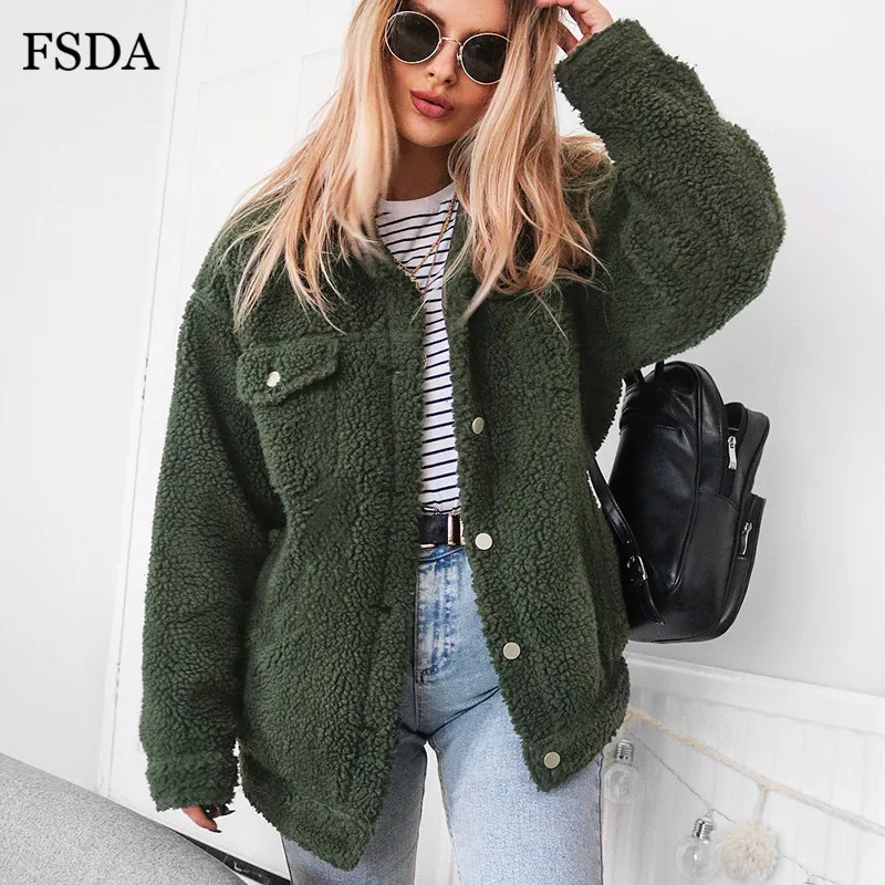 FSDA Faux Женское пальто осень зима Кнопка теплое плюшевое повседневное Верхняя