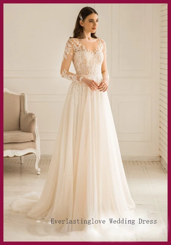 Романтические кружевные свадебные платья а-силуэта Bateau прозрачные Свадебные с