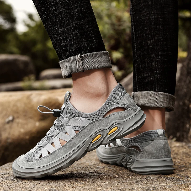 

Genuine Leather Men's Sandals mesh Summer Breathable Men Casual Shoes outdoor Non-slip Outdoor Men Beach Shoes Roman Slippers