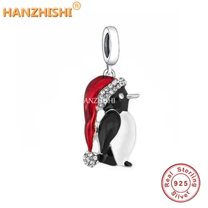 925 Sterling Silver Cute Lovely Penguin With Christmas Hat Dangle Charms Beads Fit Original Brand Bracelet Necklace Jewelry