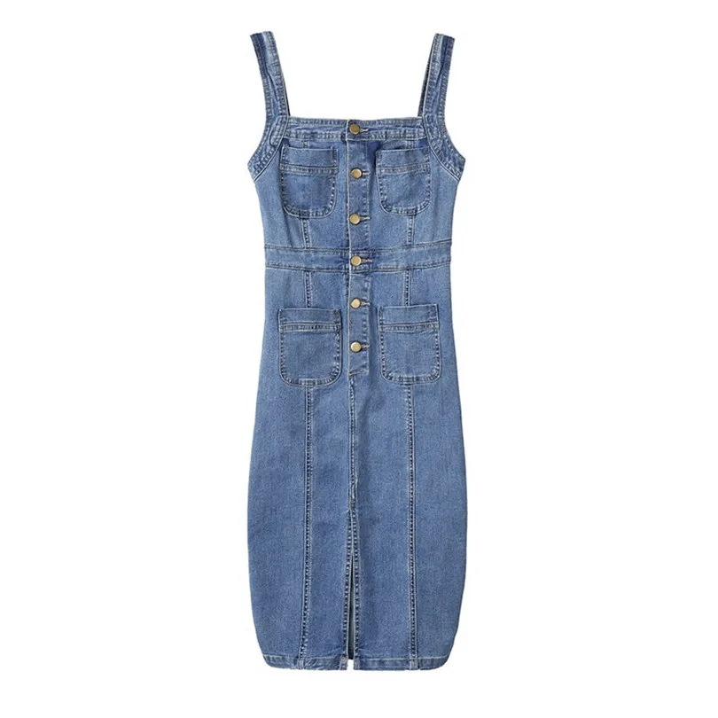 

2020 Vestidos Mujer Natural Dress Top Fashion Straight Solid Sleeveless Button Vestido Women Summer Hot Jeans Single Breasted