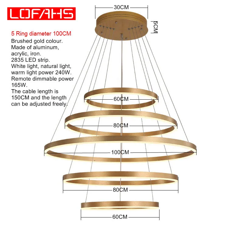 Gold 5 Ring D100CM LOFAHS, современный светодиодный светильник для гостиной, столовой, фойе, купольная, кухонная, алюминиевое кольцо, подвесная люстра, освещение - Цвет абажура: Gold 5 Ring D100CM