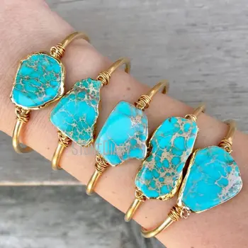 BM14727 Aqua Blue Ocean Jasper Cuff Bracelet Turquoise Ocean Jasper Stone Bracelet Boho Jewelry Raw Brass Cuff Gift