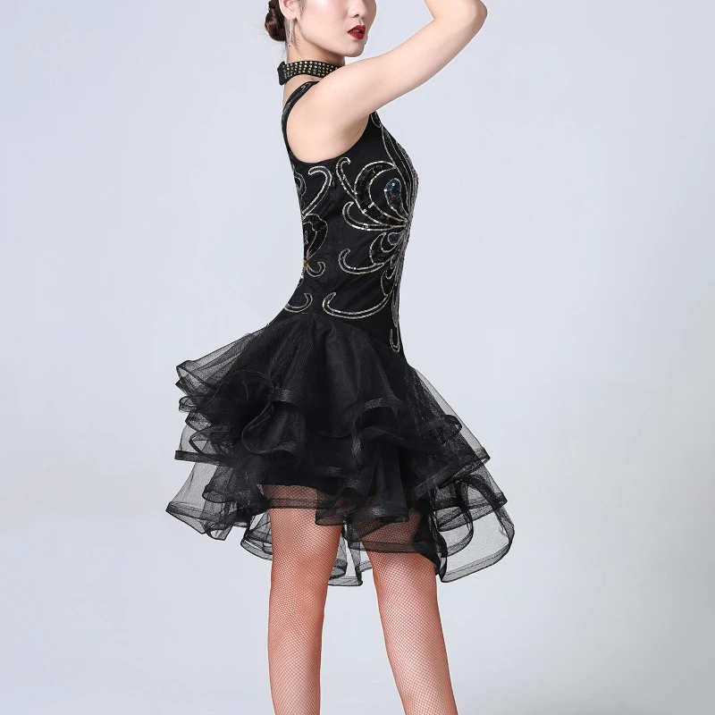 

Multi-Layer Lace Hem Skirt Sequin Embroidery Decoration Sleeveless Latin Dance Dresses Samba Rumba Performance Racing