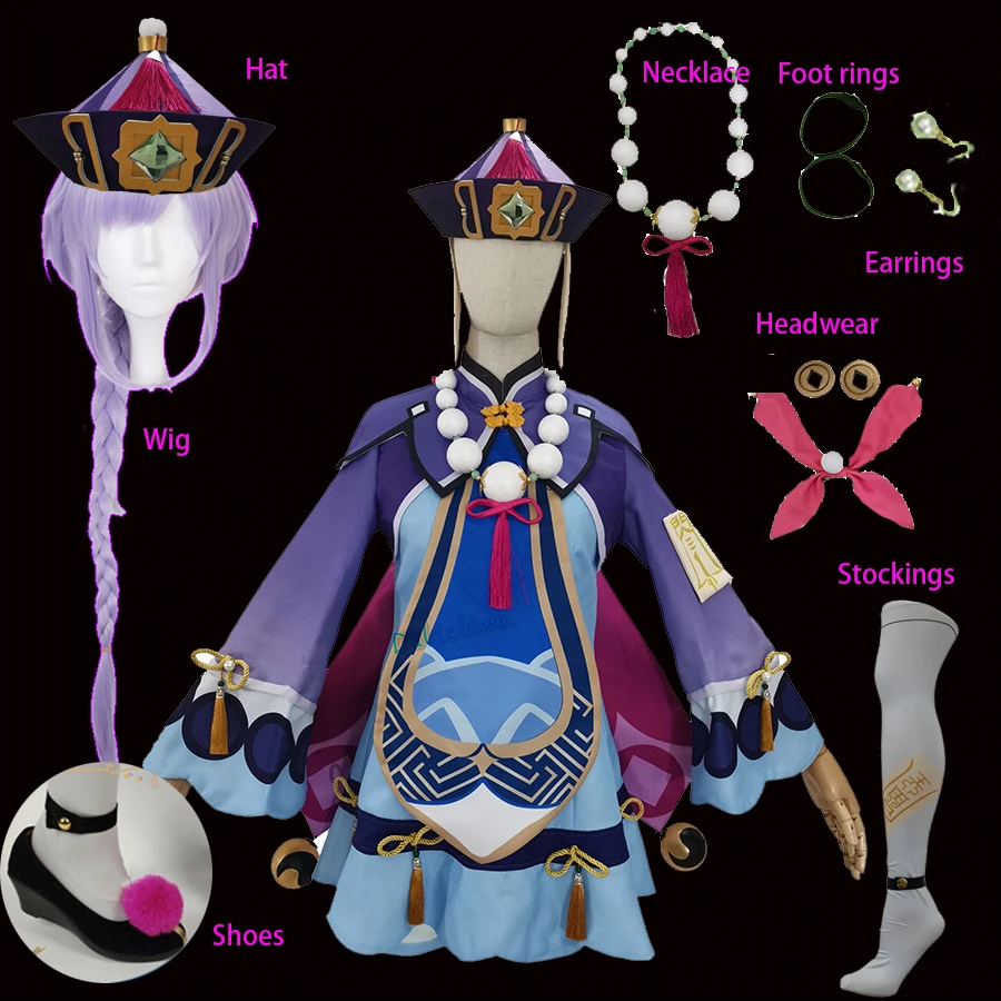 Disfraz de Anime Genshin Impact para mujer, disfraz Qiqi, peluca, sombrero, zapatos, vestido púrpura de Zombie para Halloween