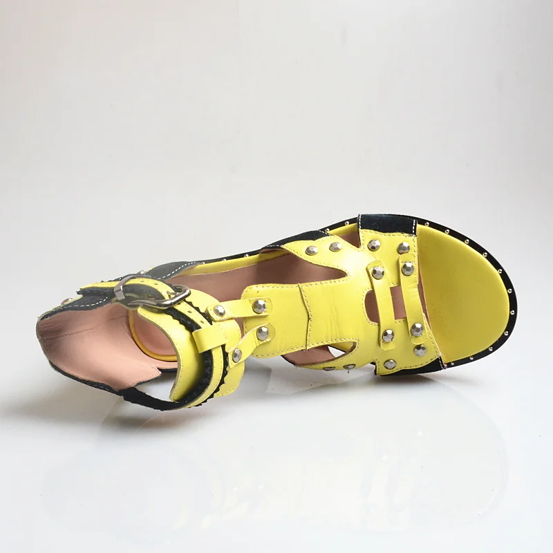 

Genuine Leather Women Sandals 5CM Chunky Heel Dress Shoes Woman Rivets Studded Sandalias Mujer Summer Yellow Gladiator Sandal