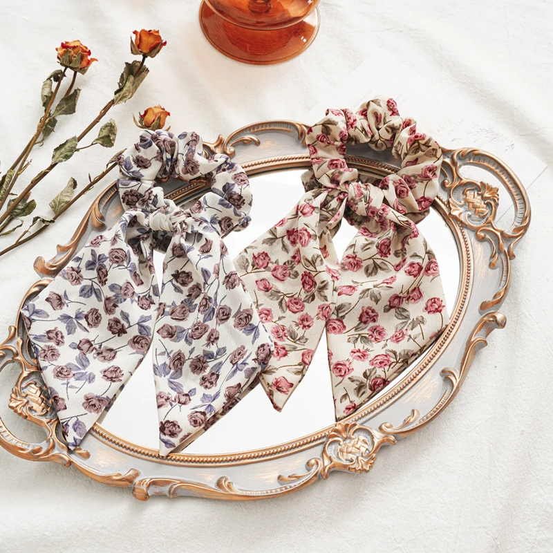 1Pcs Knotted Hair Rope Ties Scarf Korean Scrunchies Long Ribbon Floral Print Big Rose Flower Accessories |