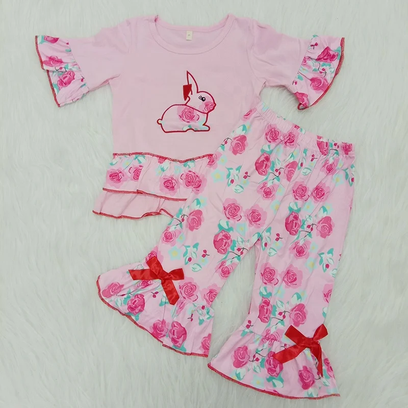 

Spring cute 3/4 sleeves Bunny embroidery pink cotton top and floral pattern pants for Easter baby girls toddler clothes RTS