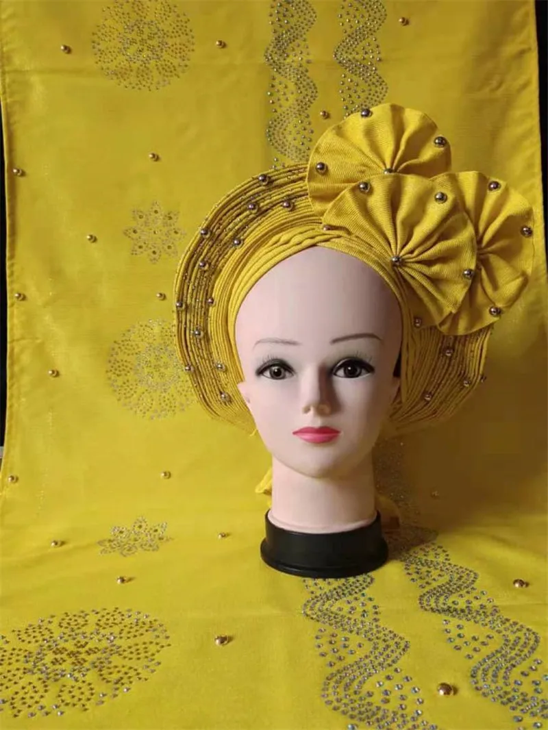 2021 последний дизайн нигерийские модные бусины с камнями Aso Oke Gele головной убор