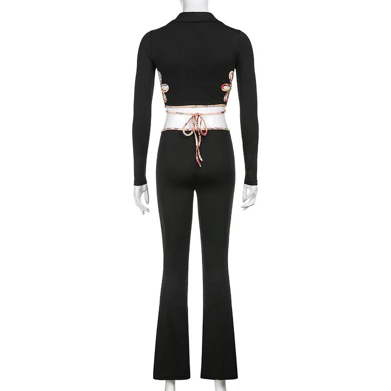 

SUCHCUTE Sexy Deep V-Neck Crop Tops And Pants Two Piece Outfits For Women Gothic Aesthetic Flower Hollow Out Matching Sets