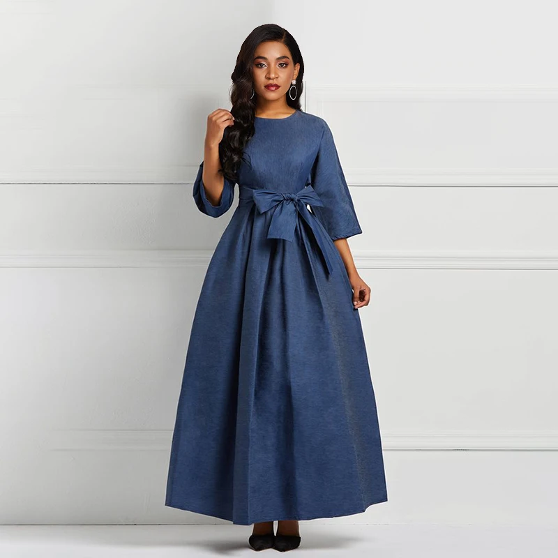 Sisjuly Office Lady Vintage Elegant Party Hot Женщины Длинные Платья Повседневная Джинсовая Ретро Обычная Кружева Лук Опрятный Женский Синий Макси Платье