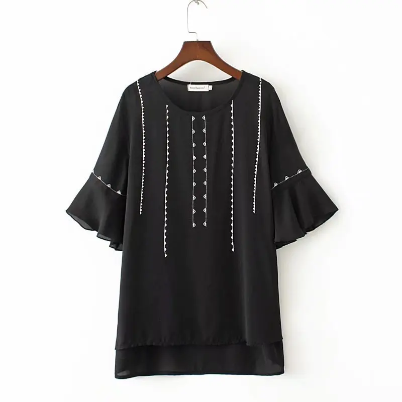 

2020 Summer Women's Clothing Shirts Round Neck Flare Sleeve Loose-Fit Habijabi Chiffon Printed Plus Size Blue Black Women Blouse