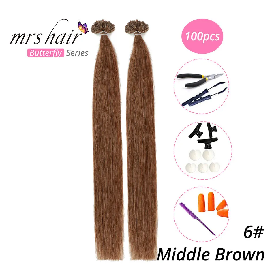 MRS HAIR, 1 г/шт., 14 дюймов, 16 дюймов, 20 дюймов, 24 дюйма, накладные волосы, прямые волосы Remy Nail, кератиновые человеческие волосы, 50 шт - Цвет: KUT06-100
