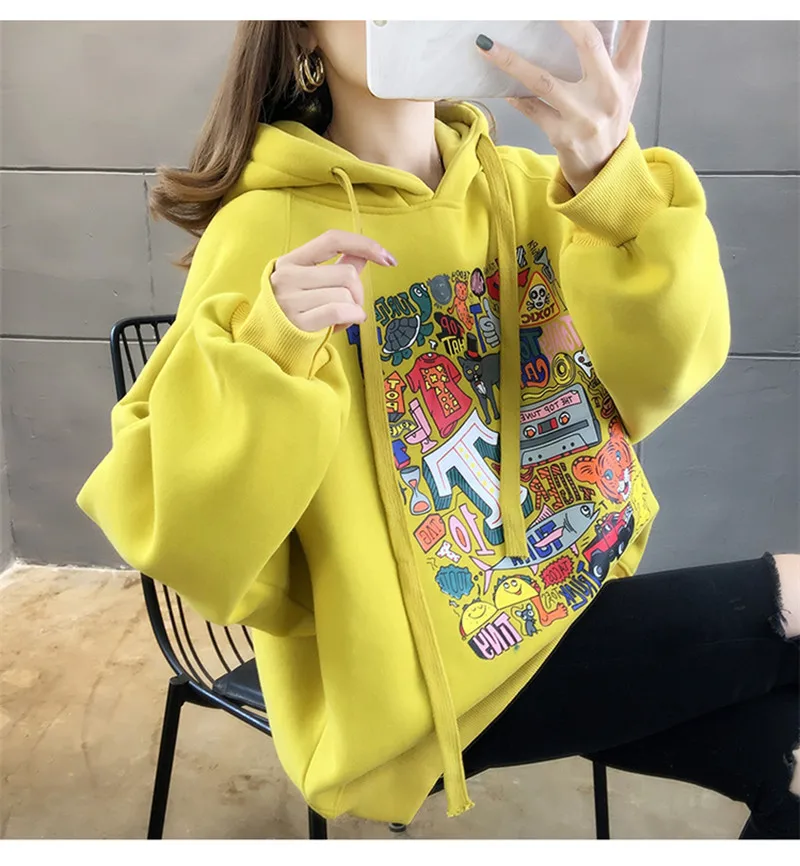 High Street Knit Hooded Letter Lady Fleece Pullovers Ins Style Add Velvet Thick Woman Hoodies Autumn Winter Clothes