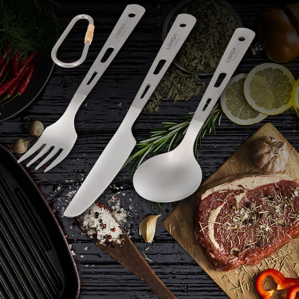 

Lixada 3 Piece Cutlery Set Titanium Outdoor Camping Picnic Cutlery Spoon Cutter Fork with Carabiner Outdoor Tableware Picnic