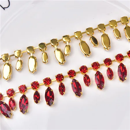 siam with gold 2 20 см/Лот, стеклянные стразы, цепочка, 8 мм, круглая+ 8x13 мм, слеза, прозрачный кристалл, отделка, золотая металлическая основа, 2 см, ширина, для шитья одежды, сделай сам - Цвет: siam with gold 2