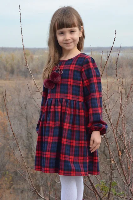 Kseniya Kids/осень ; хлопковая одежда для девочек; цвет красный, желтый; английский стиль; клетчатое платье с длинным рукавом и меховым бантом для маленьких девочек - Цвет: 016