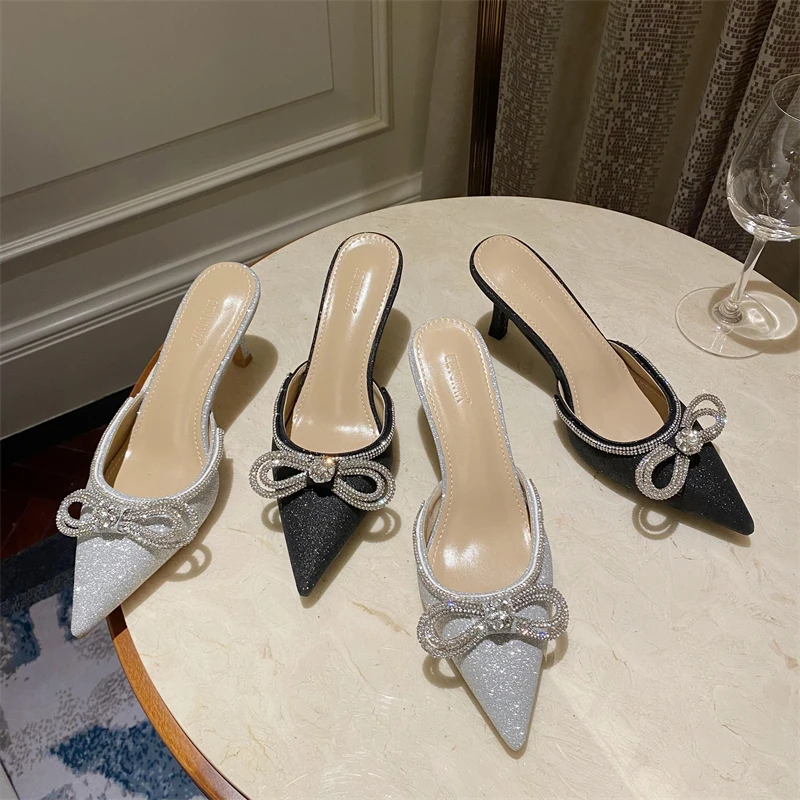 

Women Slippers Pointed Toe Slides Black Silver Bow Design Shallow Thin High Heels Fashion Party Pumps Dress Shoes Size 35-40