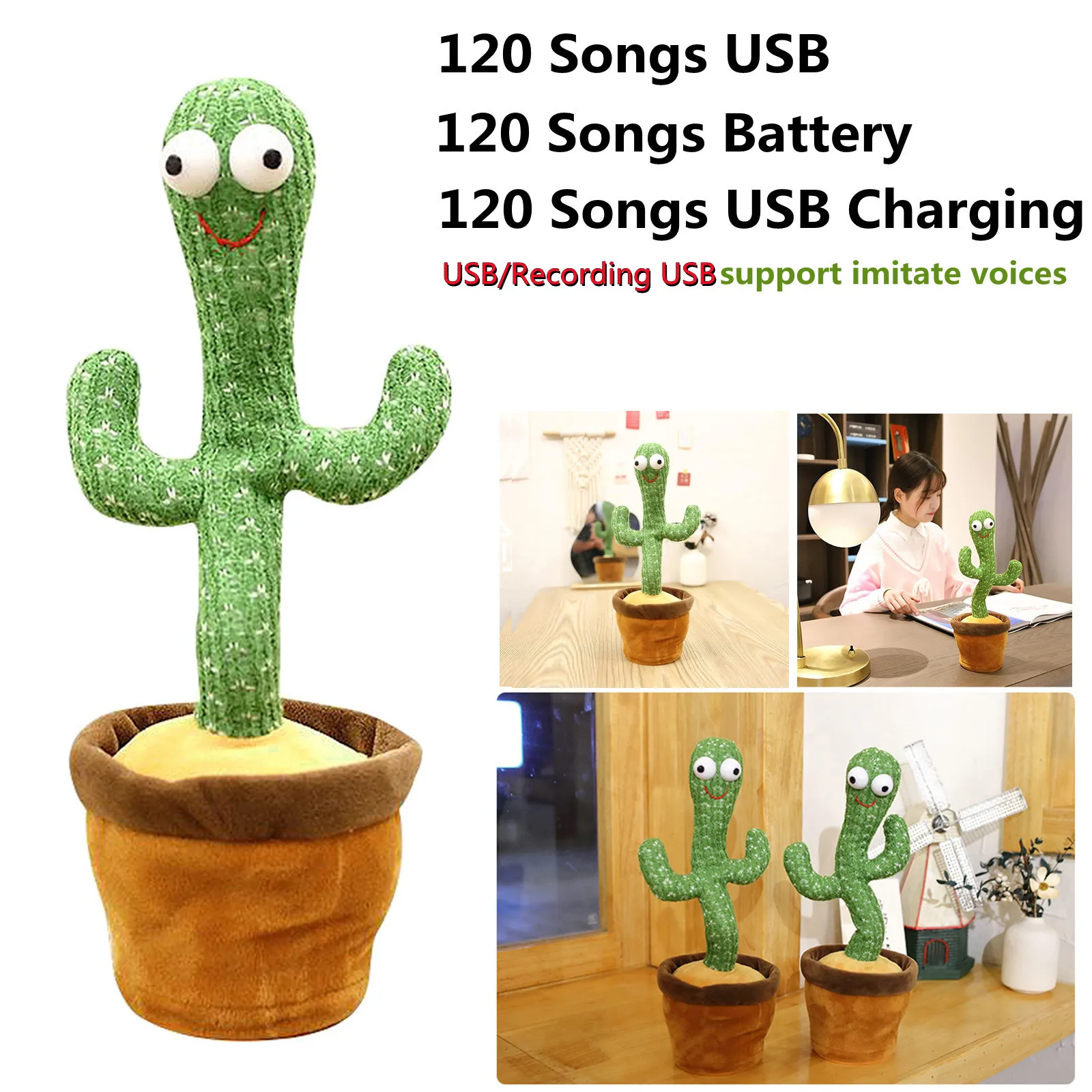 Mu&ntilde;eco de peluche el&eacute;ctrico con forma de Cactus para ni&ntilde;os, juguete de felpa con forma de Cactus, juguete divertido para bailar, juguete de grabaci&oacute;n decorativo con USB-0