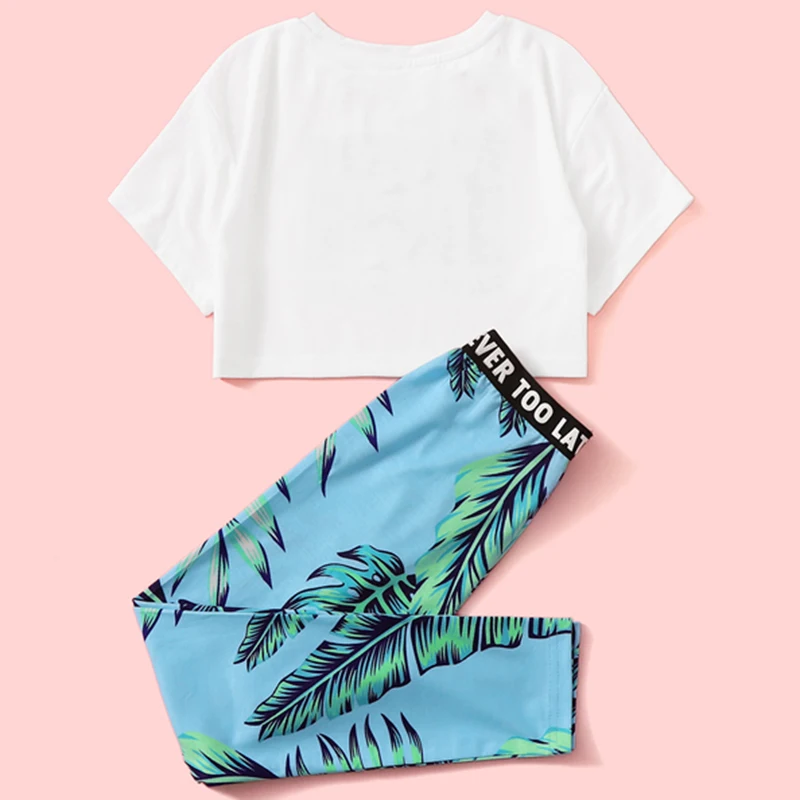 SHEIN/Детская футболка с принтом в виде букв и растений для девочек, с леггинсами комплекты из двух предметов в стиле бохо г. Летняя облегающая детская одежда с короткими рукавами