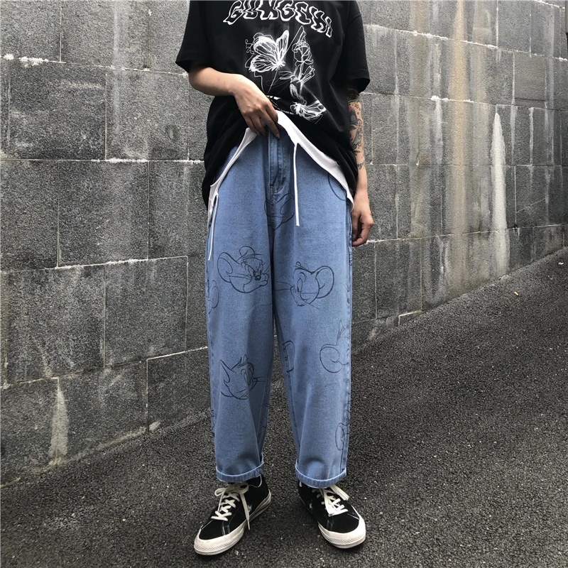 

New Spring Vintage Women Jeans Kawaii Cartoon Mouse Pants Female Cute Straight Leg Pants for Both Men and Women