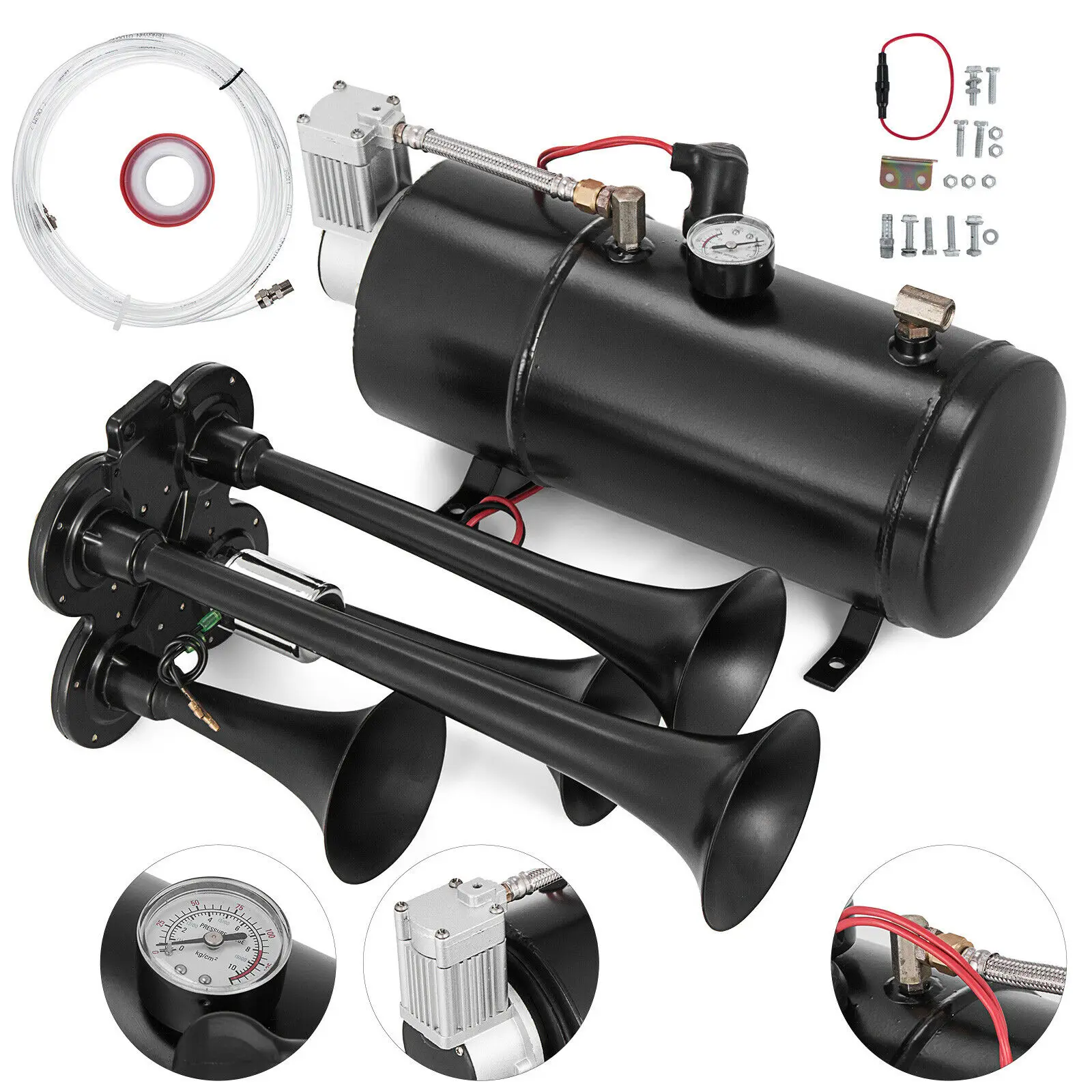 

4-труба хром поезд 150PSI пневматическая система 150dB 12v поезд Рог Комплект петель растяжимый шланг для автомобиля