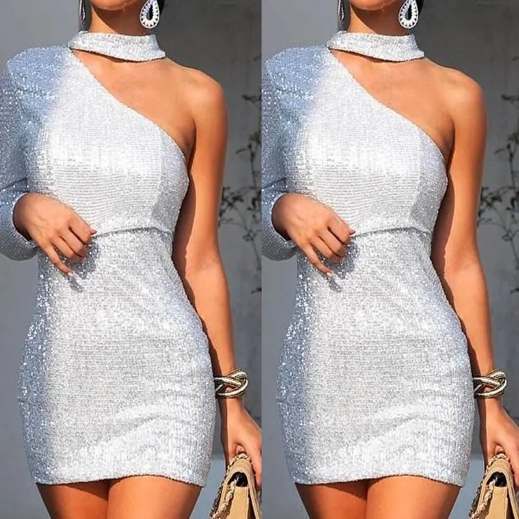 

Women Sexy Off One Shoulder Silver Bling Party Formal Evening Dress Hip Package Short Dress