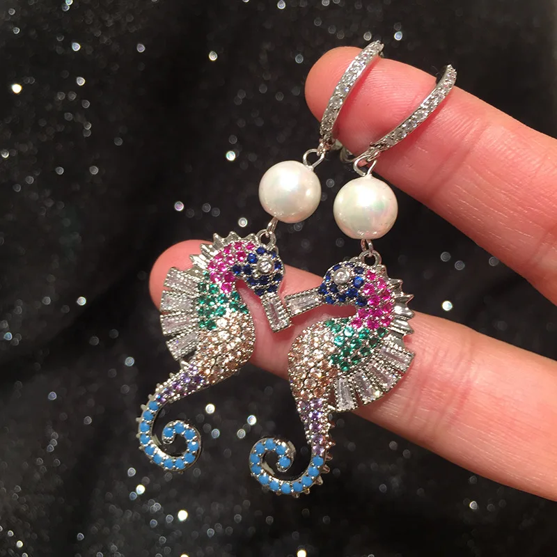 

Hippocampus earrings female gradient color zircon curve design creative luxury elegant atmosphere micro-inlay ear buckle