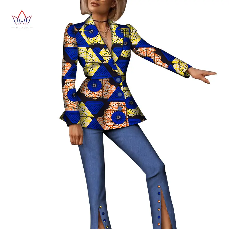 Bintarealwax Two Piece Pants Set Dashiki Women Crop Ruffles Jacket and Denim Pant Brand African Print Pants Plus Size 7XL WY6560