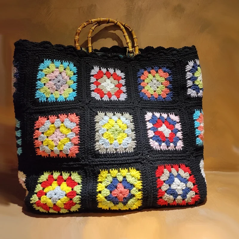 

Colorful Square Bag with Bamboo Handles Crochet Checkered Bag Granny Square Crochet Handbag Cute Purse Boho Bag 70’ Style