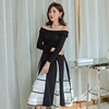 YIGELILA Spring Fashion Women Black Dress Slash-neck Long Sleeves Elegant A-line Dress Dinner Party Dress Mid-calf 65241 1