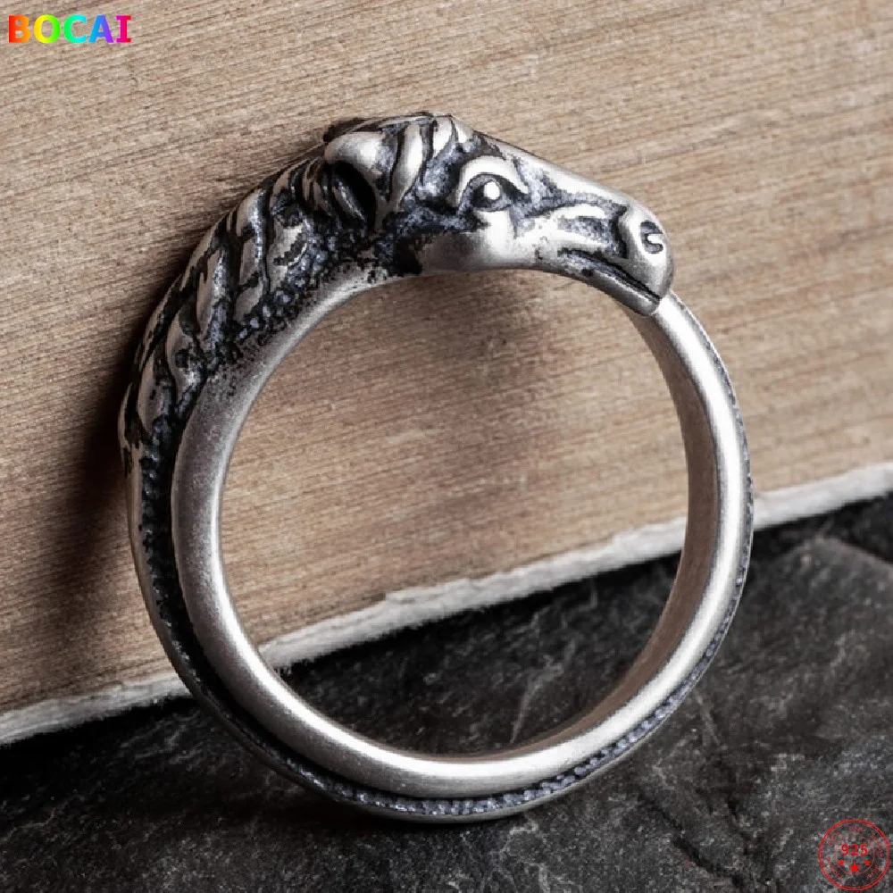 

BOCAI S925 Sterling Silver Charm Rings 2021 Popular Retro Horse Head Hand Ornaments Pure Argentum Jewelry for Women and Men